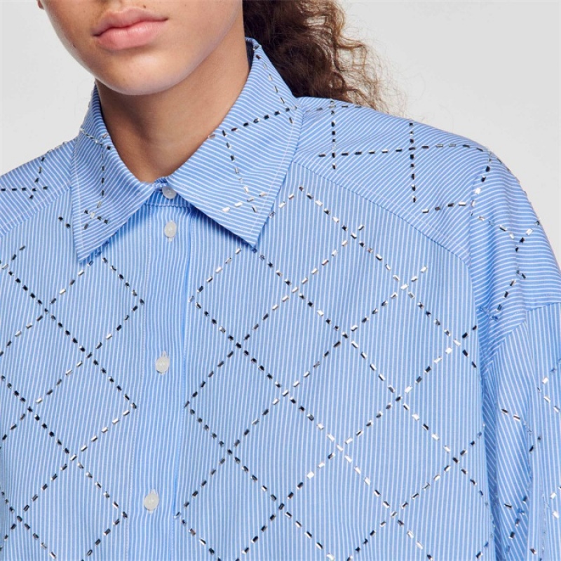 Sandro Oversized shirt with rhinestones Sky Blue | SN-SDO64360