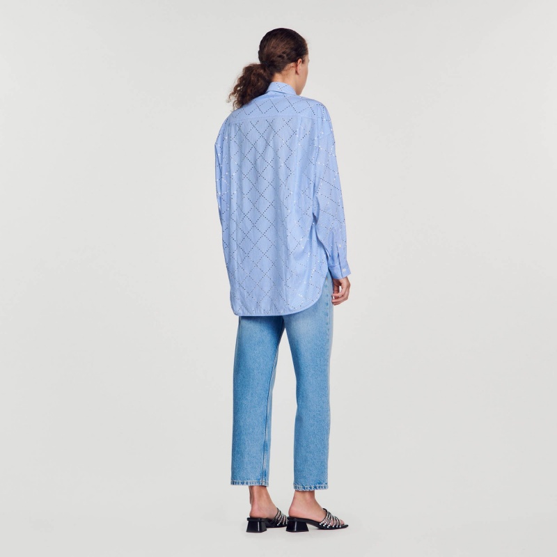 Sandro Oversized shirt with rhinestones Sky Blue | SN-SDO64360