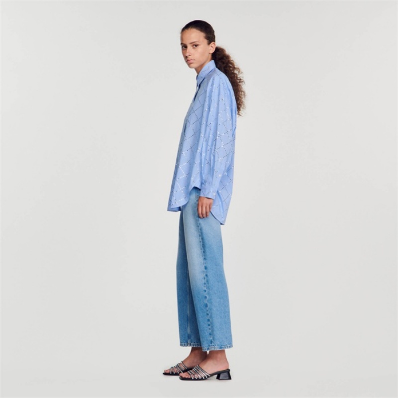 Sandro Oversized shirt with rhinestones Sky Blue | SN-SDO64360