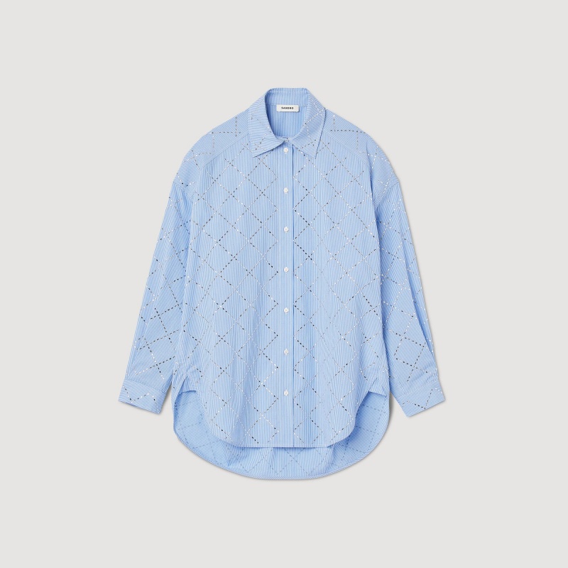 Sandro Oversized shirt with rhinestones Sky Blue | SN-SDO64360