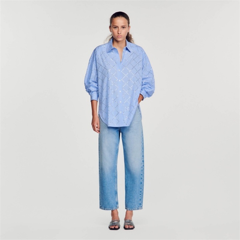 Sandro Oversized shirt with rhinestones Sky Blue | SN-SDO64360