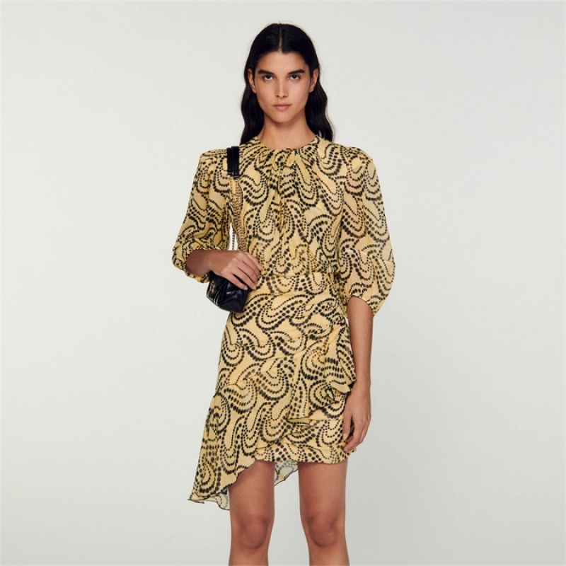 Sandro Paisley print asymmetric dress Yellow / Black | SN-SDO64232