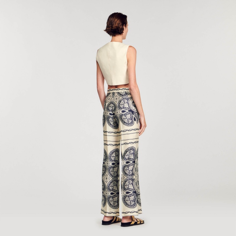 Sandro Patterned floaty trousers Beige / Navy | SN-SDO64798