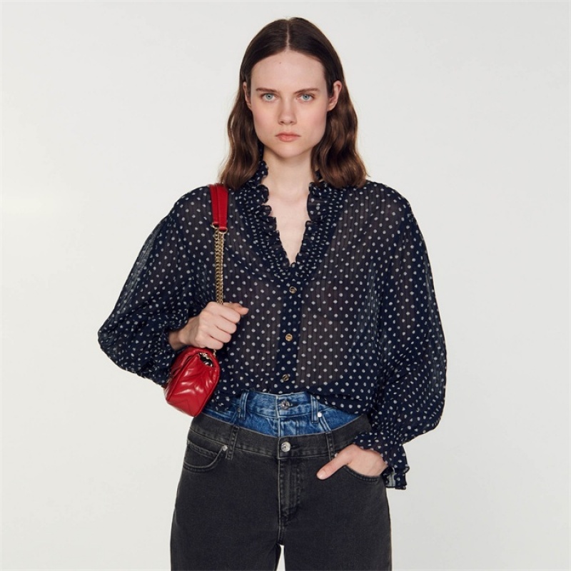 Sandro Patterned polka dot blouse Navy / Ecru | SN-SDO64353