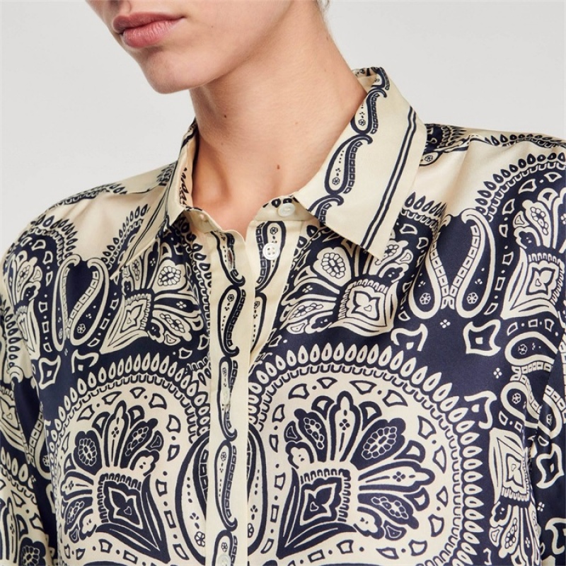 Sandro Patterned silk shirt Beige / Navy | SN-SDO64395