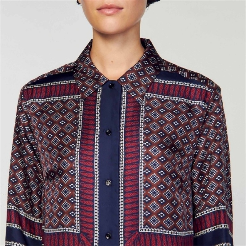 Sandro Patterned silk shirt Marron / Bleu | SN-SDO64335