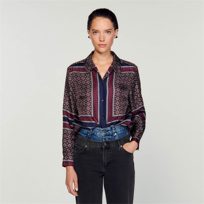 Sandro Patterned silk shirt Marron / Bleu | SN-SDO64335