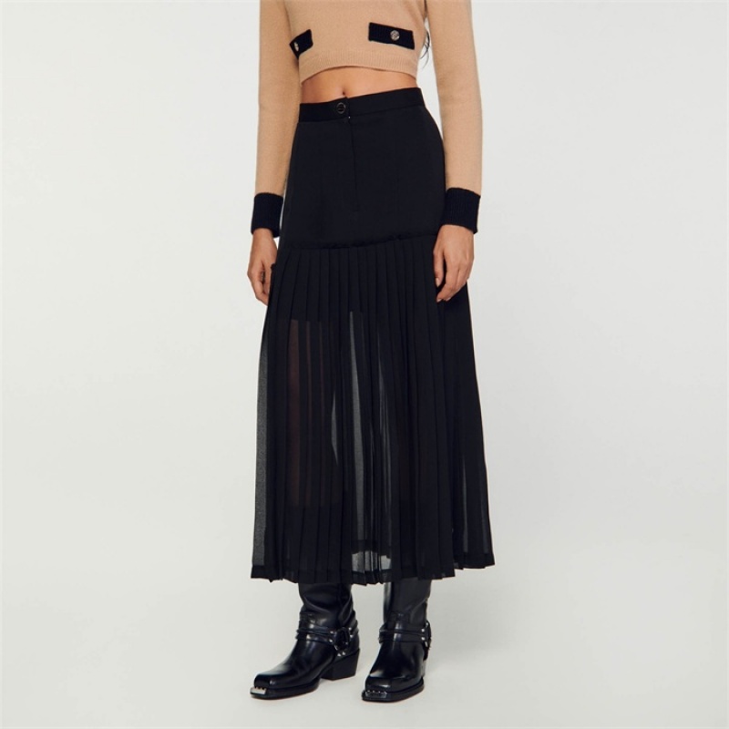 Sandro Pleated long skirt Black | SN-SDO64690