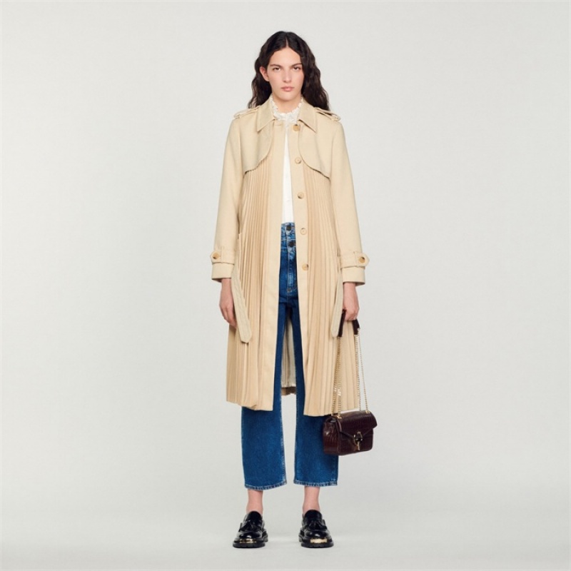 Sandro Pleated trench coat with belt Beige | SN-SDO64535