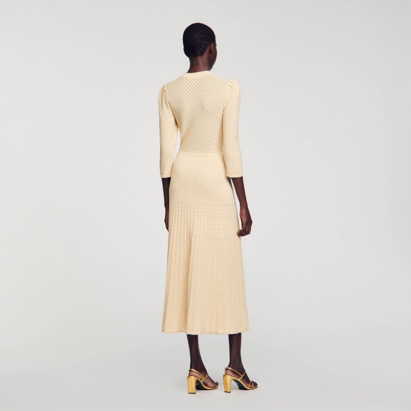 Sandro Pointelle knit midi dress Gold | SN-SDO64297