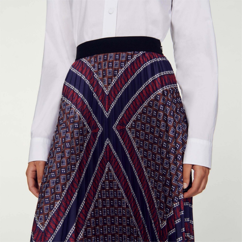 Sandro Printed pleated long skirt Marron / Bleu | SN-SDO64691