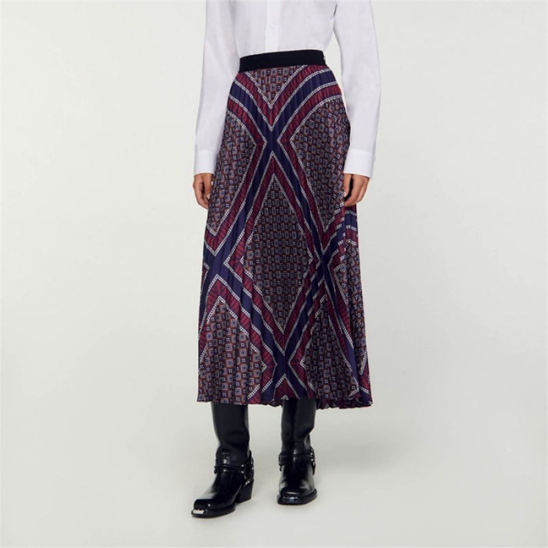 Sandro Printed pleated long skirt Marron / Bleu | SN-SDO64691