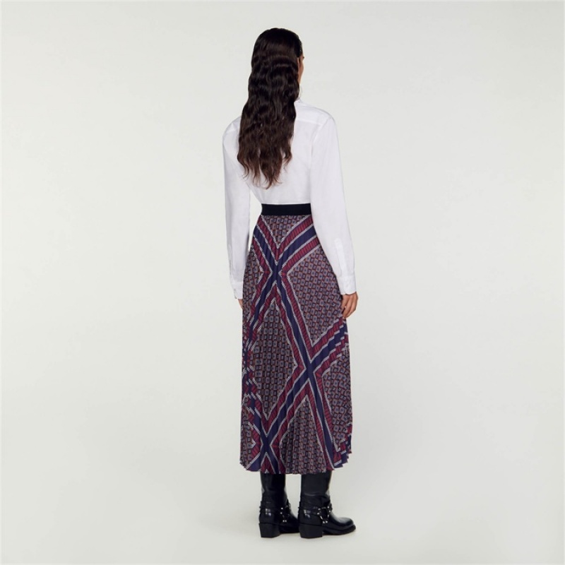 Sandro Printed pleated long skirt Marron / Bleu | SN-SDO64691