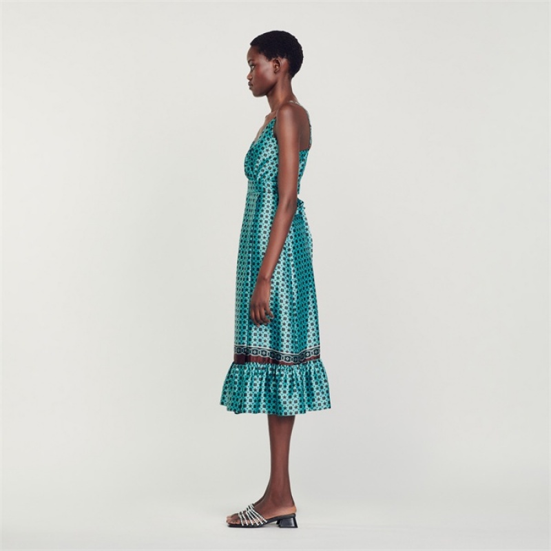 Sandro Printed satin midi dress Turquoise / Brown | SN-SDO64225