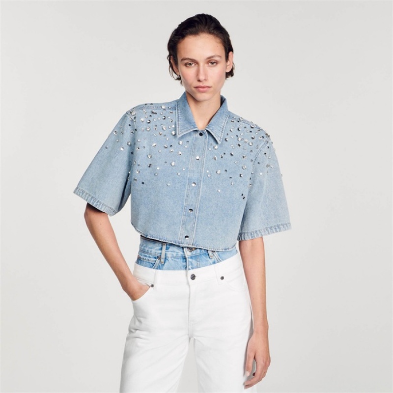 Sandro Rhinestone cropped shirt Light Bu Jean | SN-SDO64389