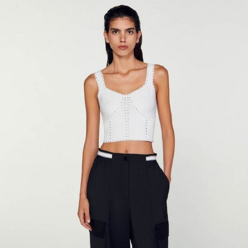 Sandro Rhinestone knit cropped top White | SN-SDO64612