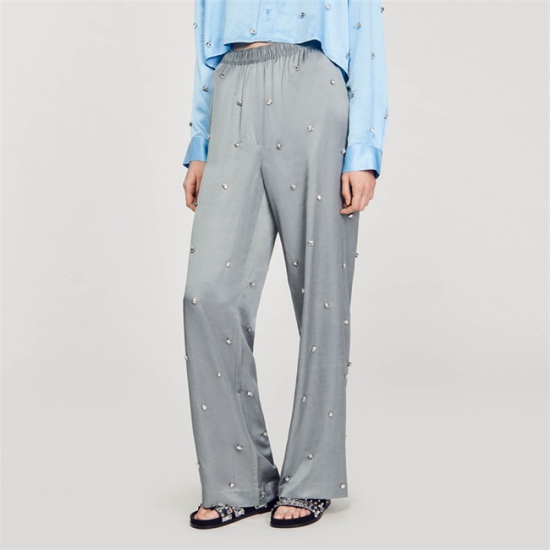 Sandro Rhinestone linen trousers Grey | SN-SDO64803