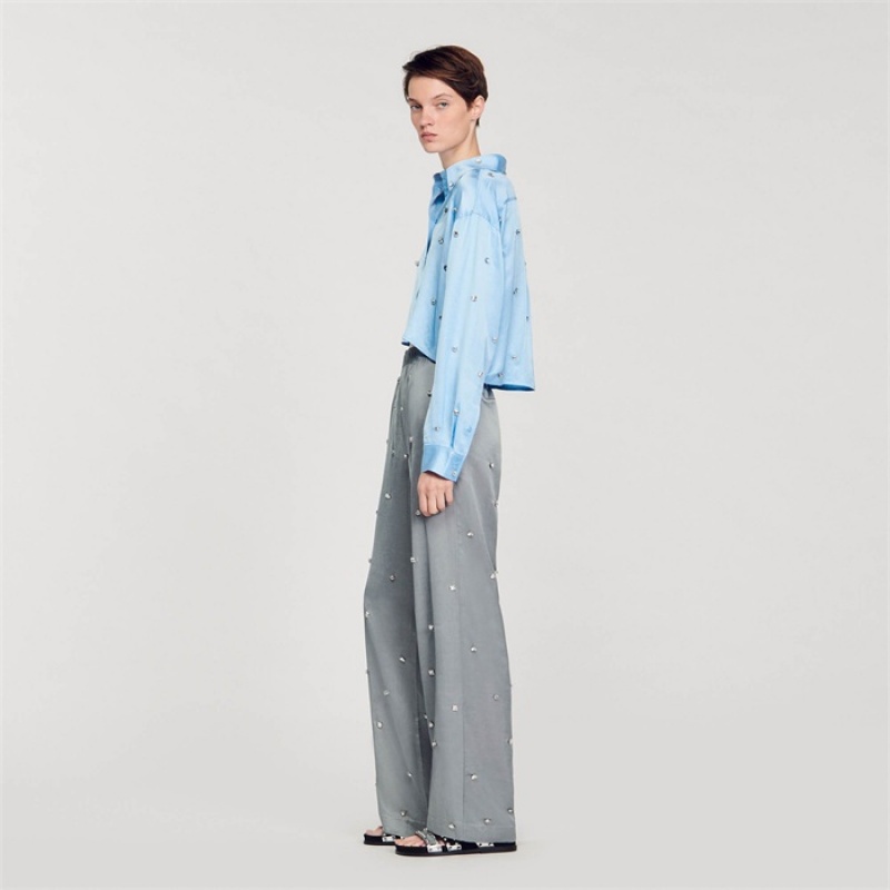 Sandro Rhinestone linen trousers Grey | SN-SDO64803