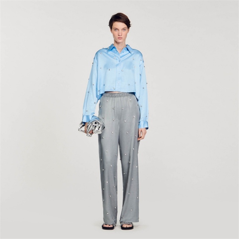 Sandro Rhinestone linen trousers Grey | SN-SDO64803