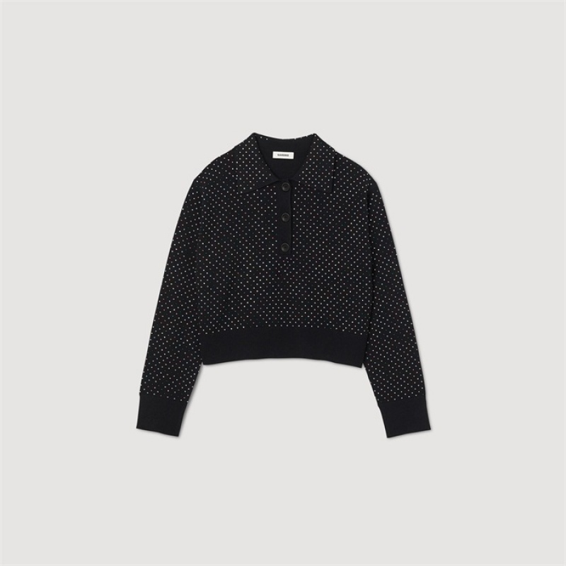 Sandro Rhinestone polo neck sweater Black | SN-SDO64584