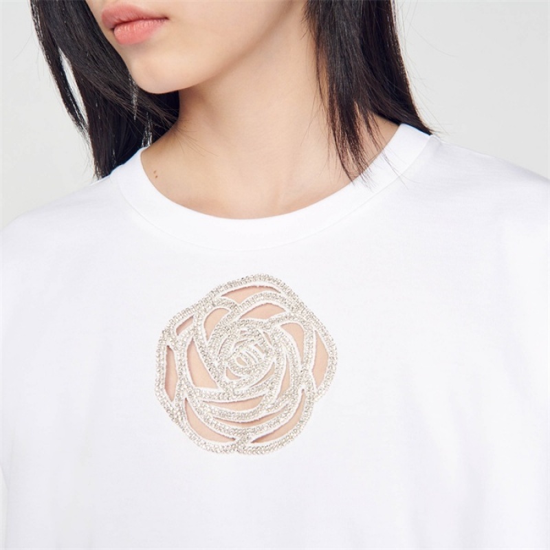 Sandro Rhinestone rose T-shirt White | SN-SDO64417