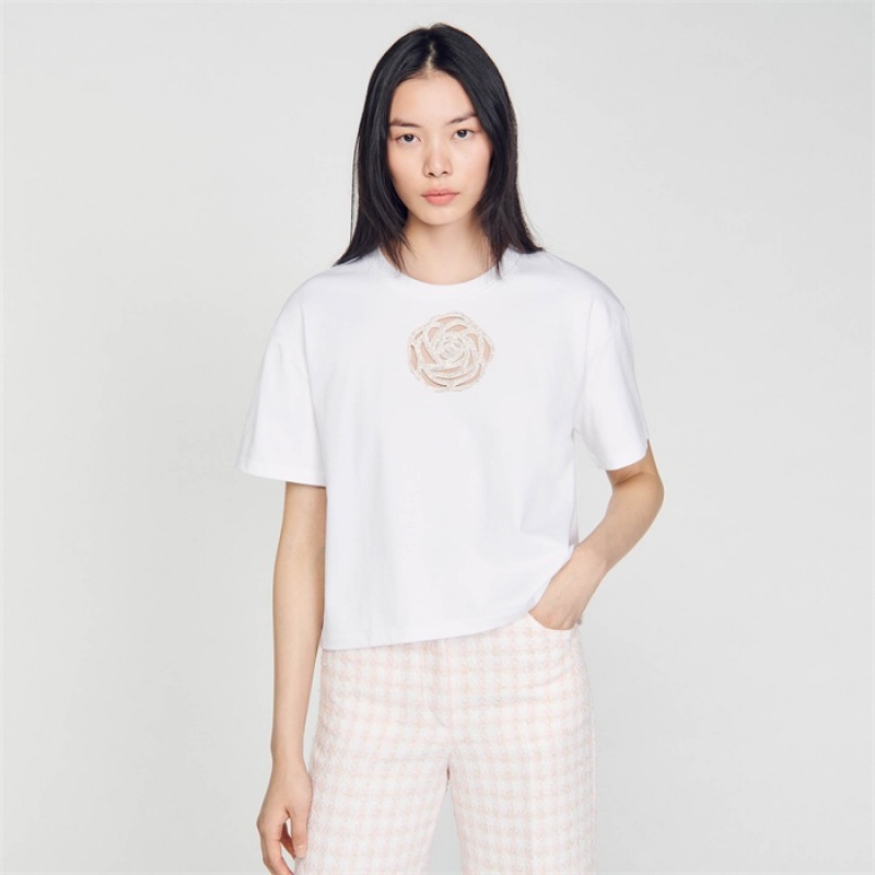 Sandro Rhinestone rose T-shirt White | SN-SDO64417