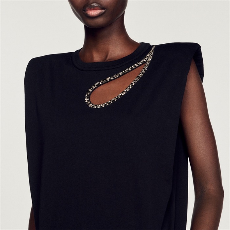 Sandro Rhinestone teardrop T-shirt Black | SN-SDO64410