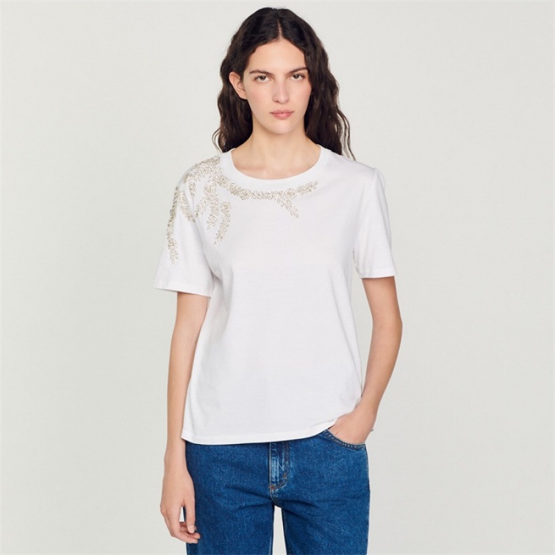 Sandro Rhinestone-embellished T-shirt White | SN-SDO64413