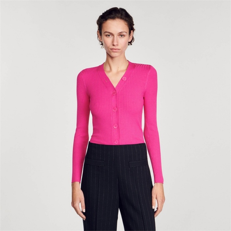 Sandro Rib knit cardigan Fushia | SN-SDO64647