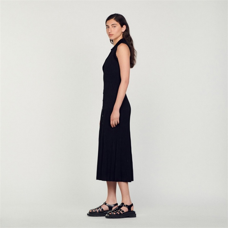 Sandro Ribbed maxi dress Black | SN-SDO64210