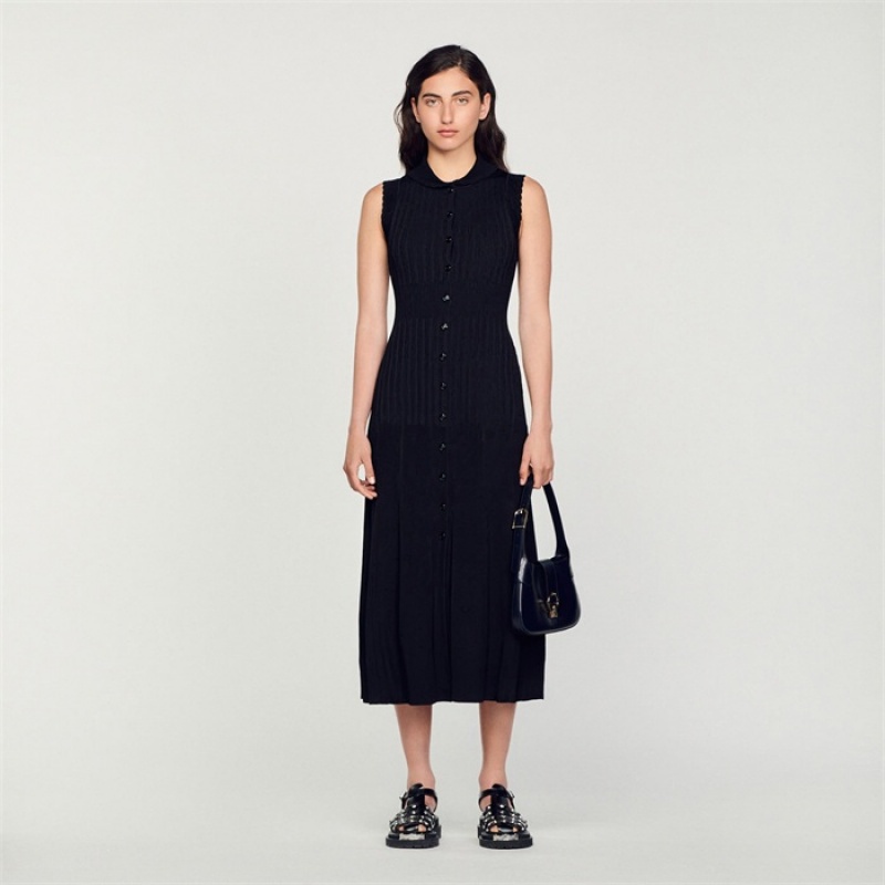 Sandro Ribbed maxi dress Black | SN-SDO64210