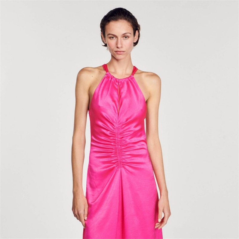 Sandro Ruched satin-effect maxi dress Fushia | SN-SDO64280