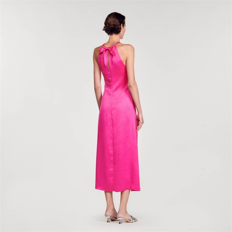 Sandro Ruched satin-effect maxi dress Fushia | SN-SDO64280