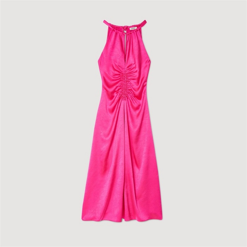 Sandro Ruched satin-effect maxi dress Fushia | SN-SDO64280