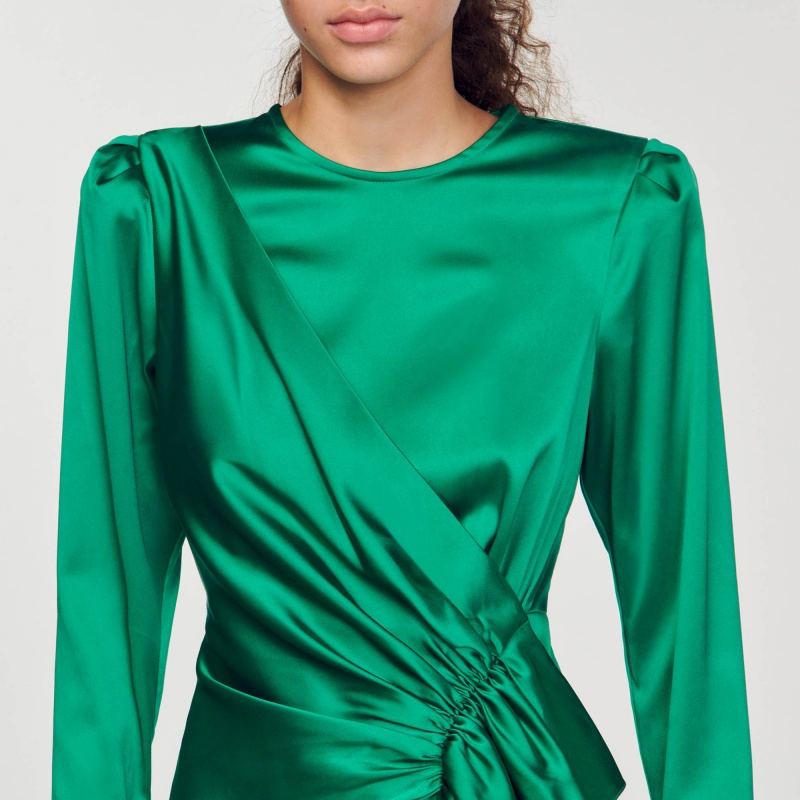 Sandro Ruffled satin-effect dress Green | SN-SDO64218