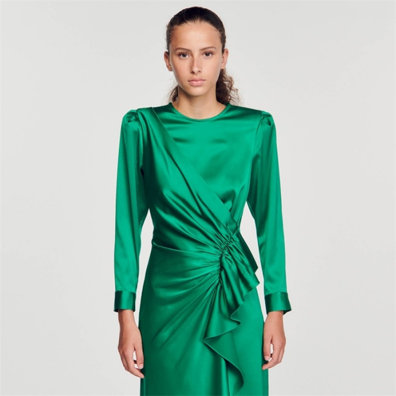 Sandro Ruffled satin-effect dress Green | SN-SDO64218