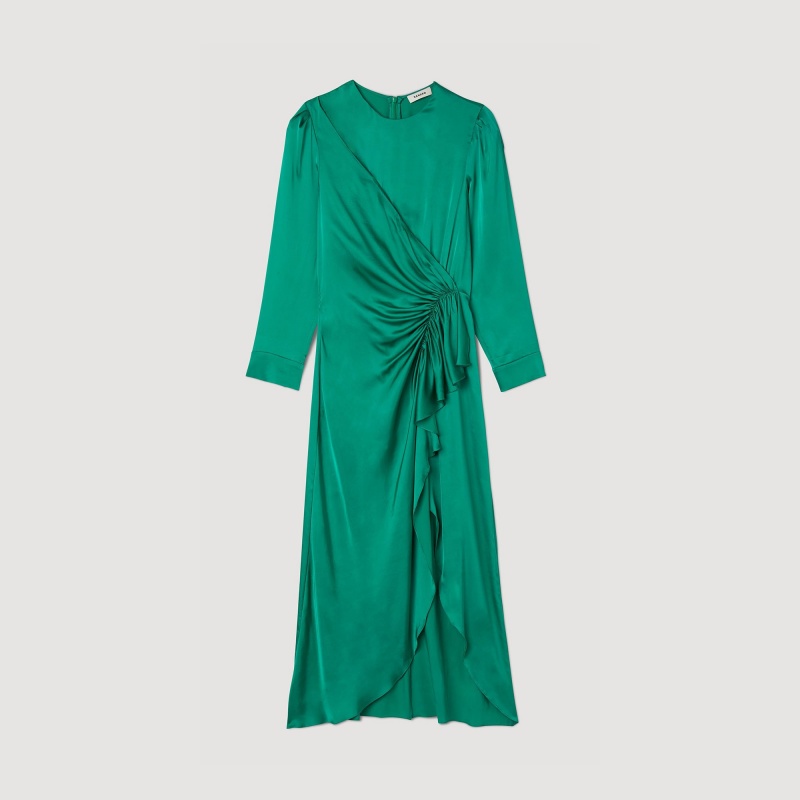 Sandro Ruffled satin-effect dress Green | SN-SDO64218