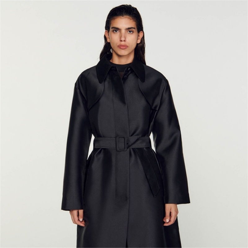 Sandro Satin-effect trench coat Black | SN-SDO64531