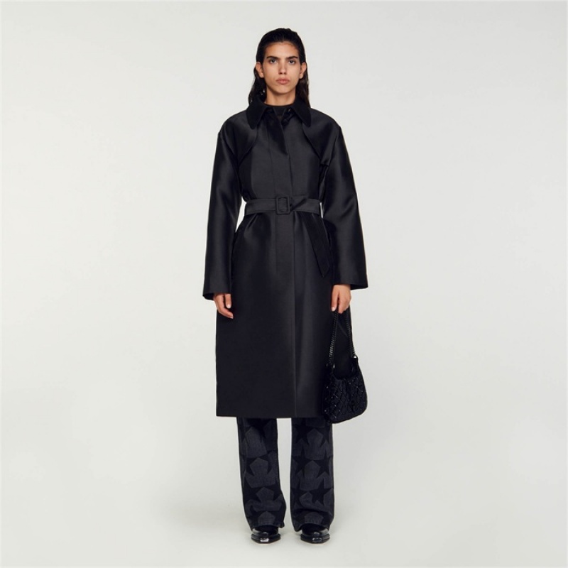 Sandro Satin-effect trench coat Black | SN-SDO64531