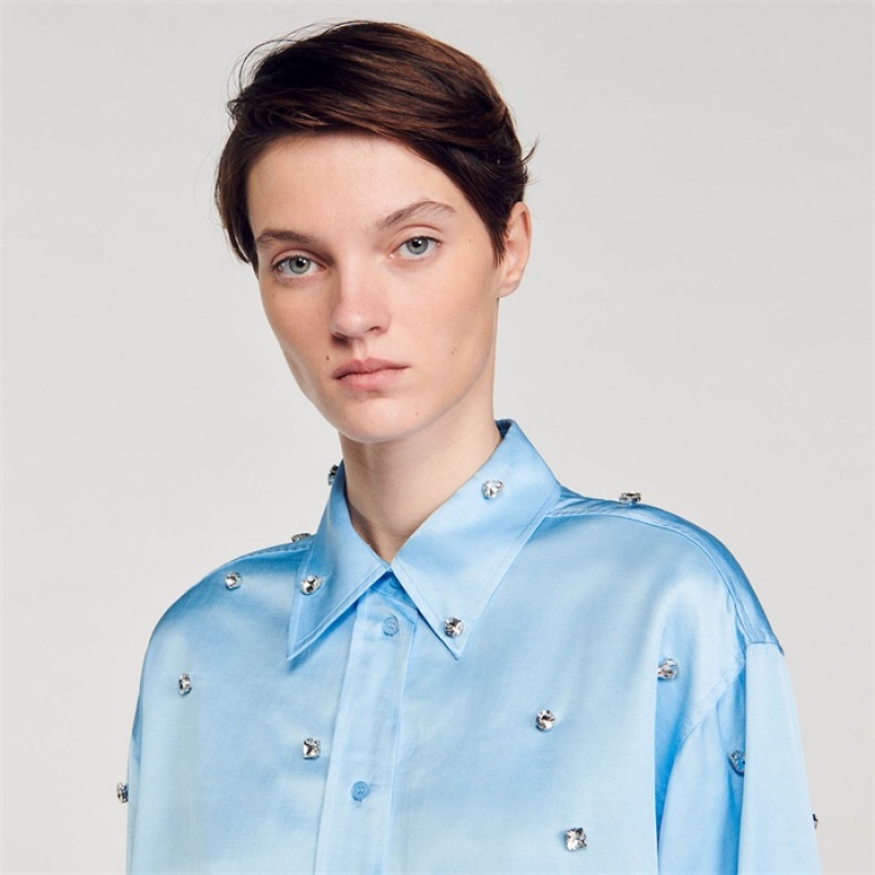 Sandro Satiny rhinestone shirt Sky Blue | SN-SDO64383