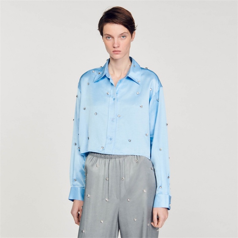 Sandro Satiny rhinestone shirt Sky Blue | SN-SDO64383