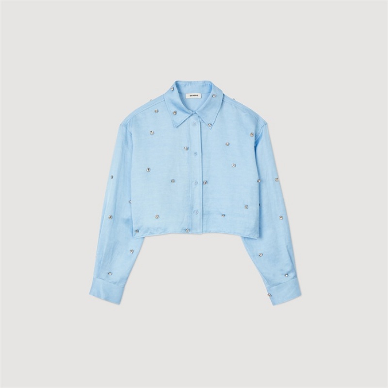 Sandro Satiny rhinestone shirt Sky Blue | SN-SDO64383