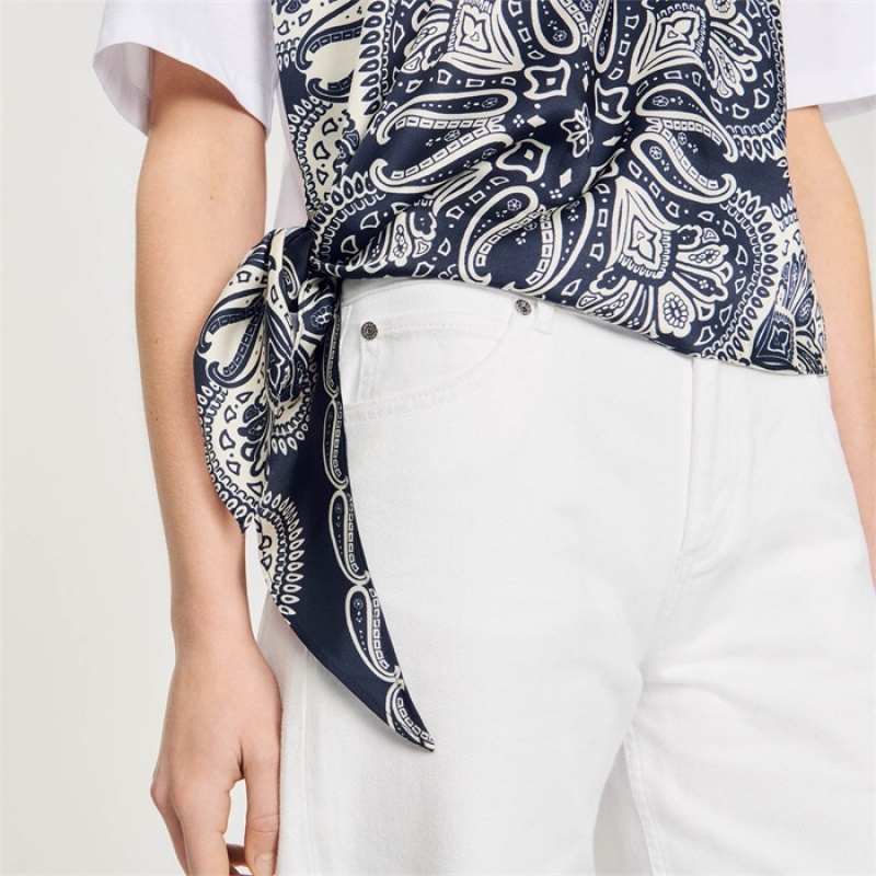 Sandro Scarf print T-shirt Deep Blue / Beige | SN-SDO64424