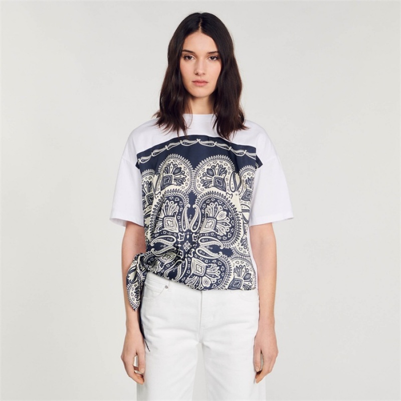 Sandro Scarf print T-shirt Deep Blue / Beige | SN-SDO64424