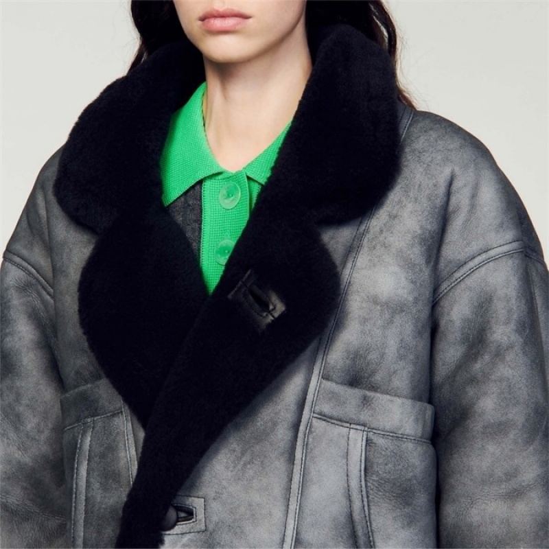 Sandro Shearling coat Charcoal Grey | SN-SDO64527