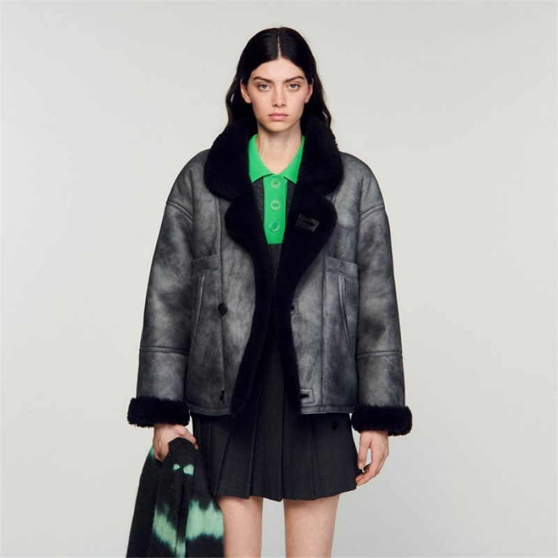 Sandro Shearling coat Charcoal Grey | SN-SDO64527