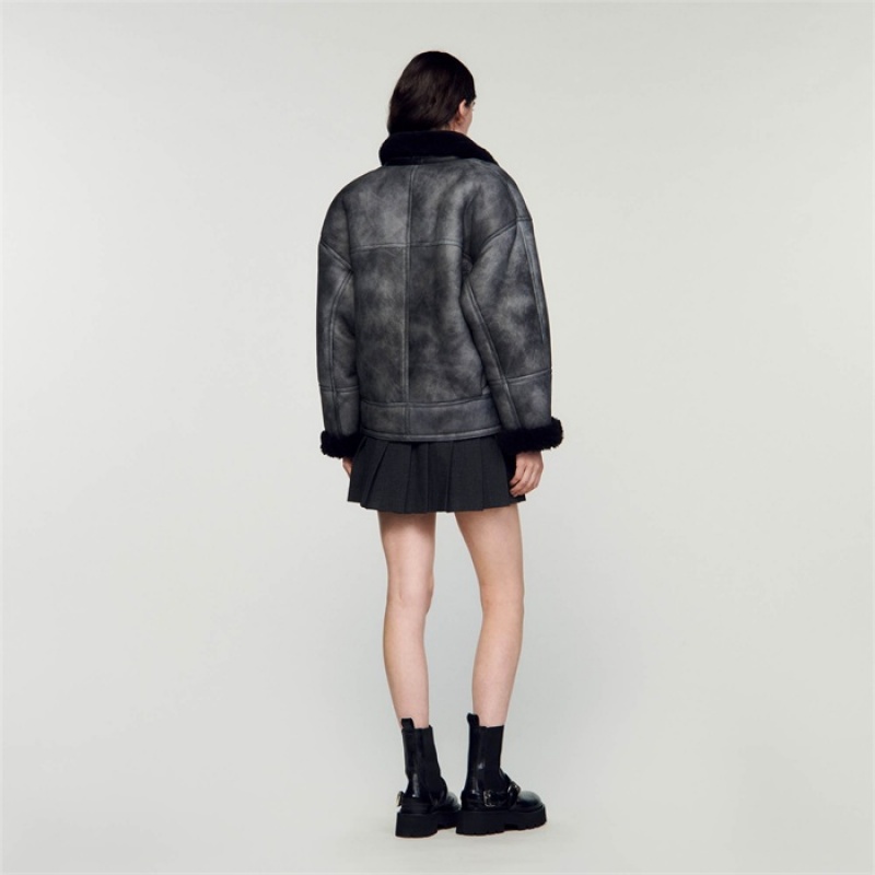 Sandro Shearling coat Charcoal Grey | SN-SDO64527