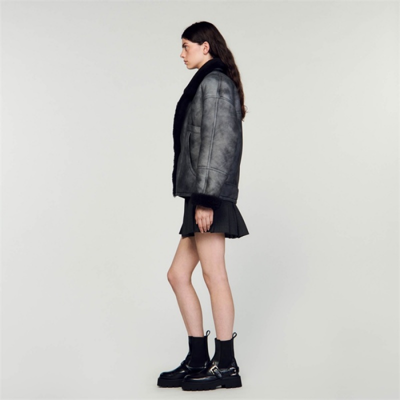 Sandro Shearling coat Charcoal Grey | SN-SDO64527