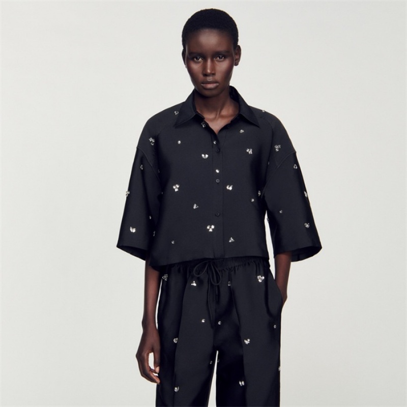 Sandro Shirt embellished with rhinestones Black | SN-SDO64301