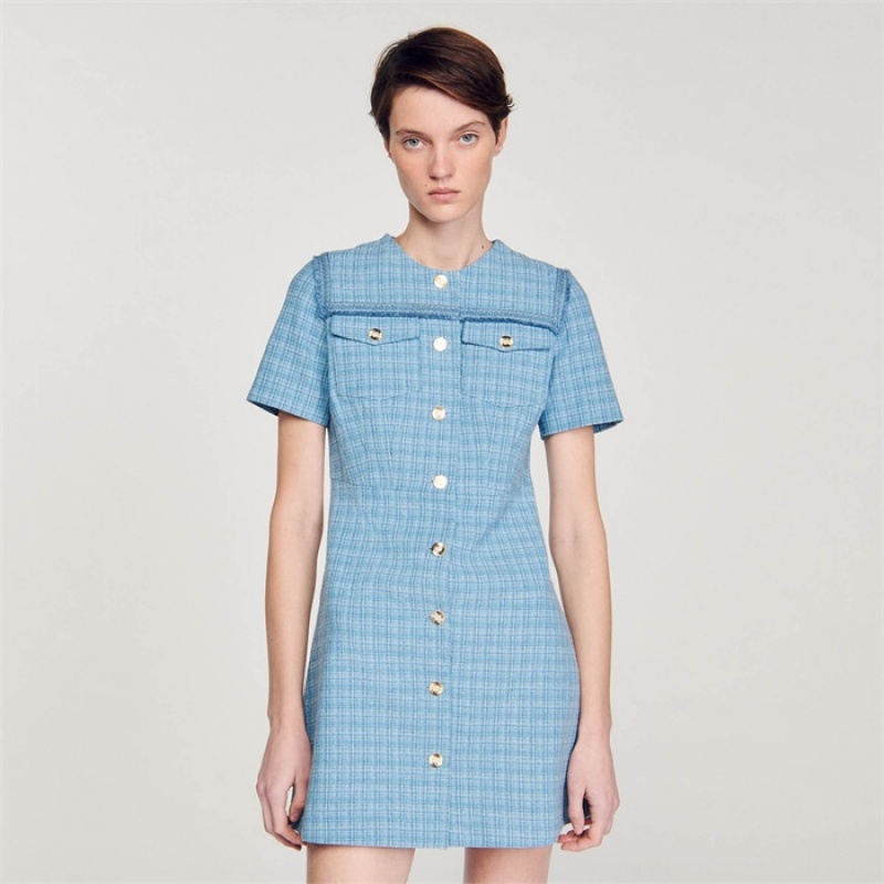 Sandro Short buttoned tweed dress Blue | SN-SDO64287